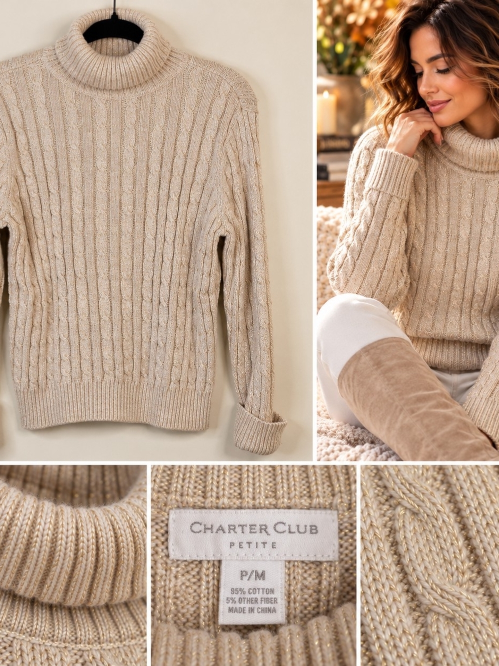 Charter Club Petite Cable Knit Turtleneck Sweater Gold Metallic P/M